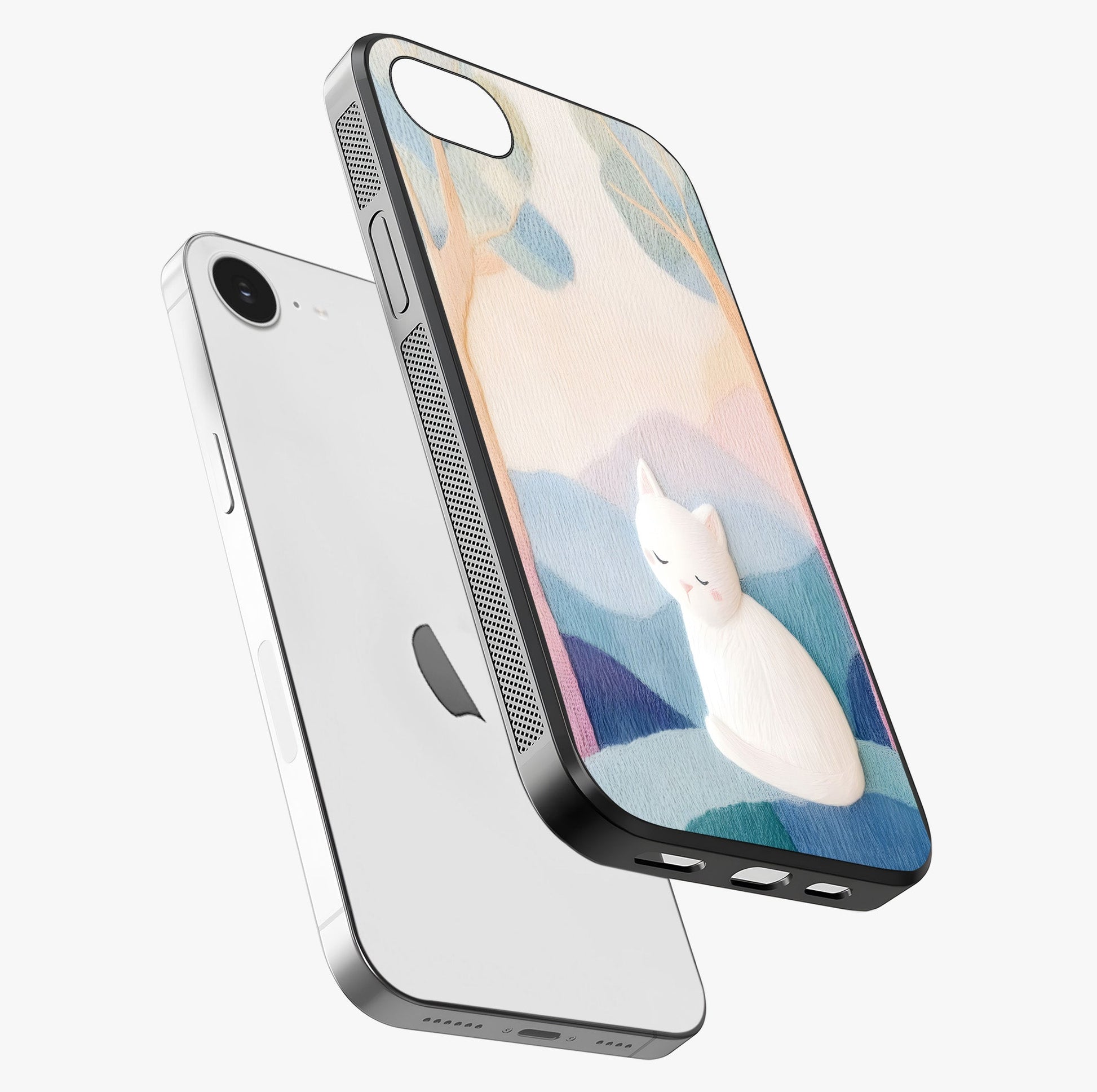 Cotton Dream Cat Glass Case laid diagonally highlighting side profile, edges and glossy glass shine.