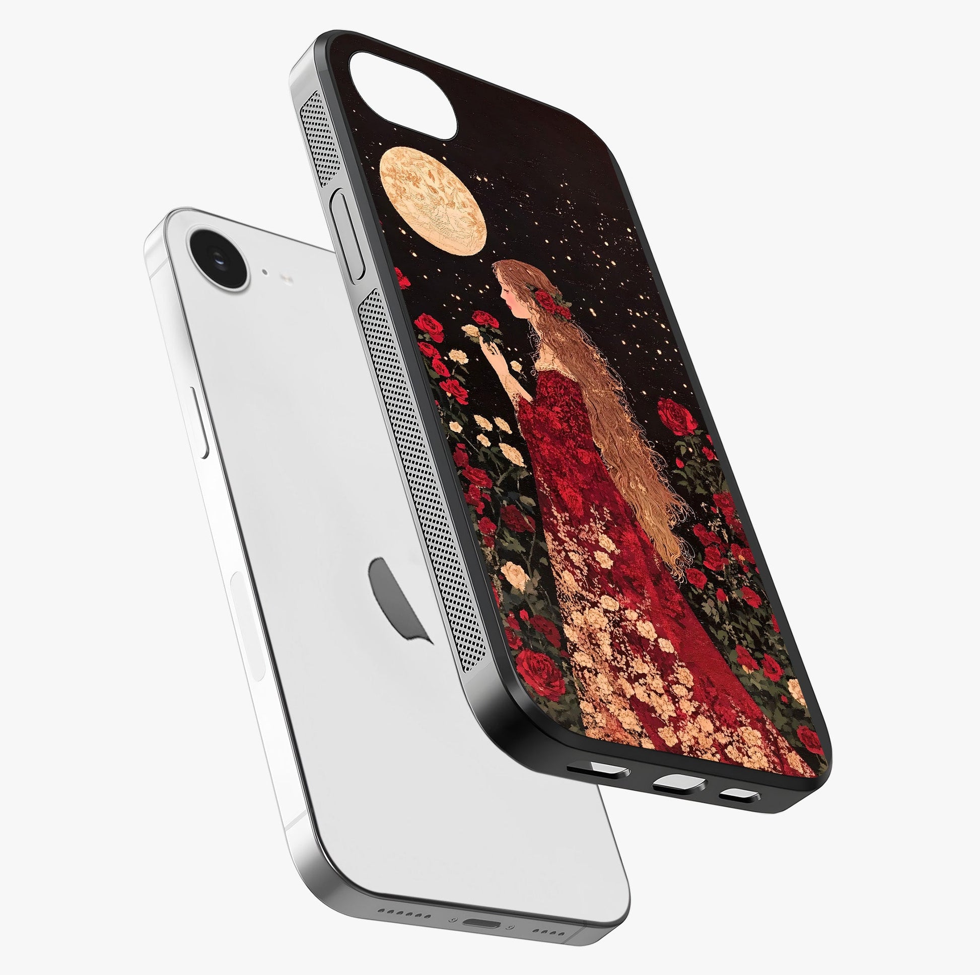 Crimson Dreams Glass Case laid diagonally highlighting side profile, edges and glossy glass shine.