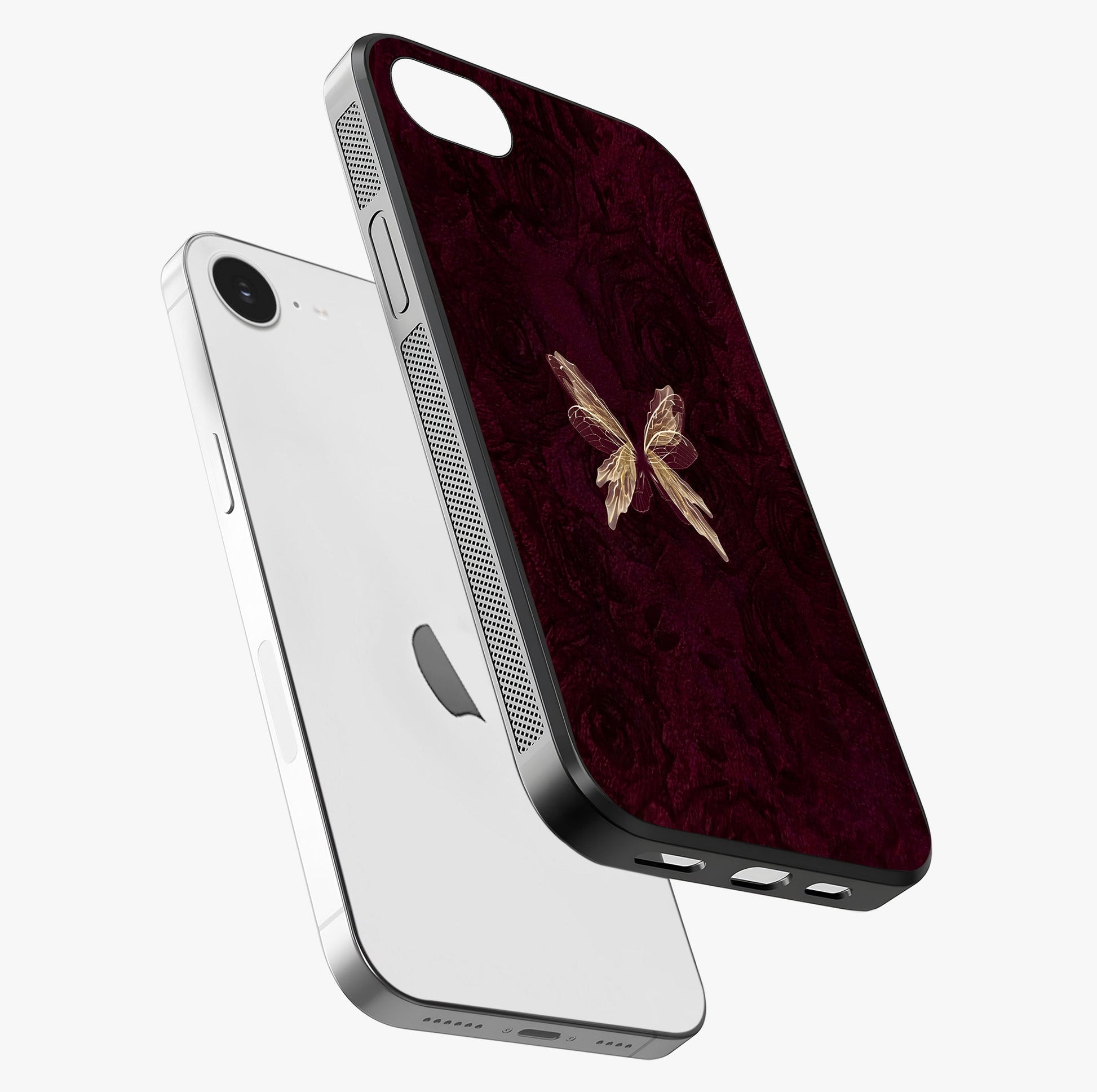 Crimson Fade Butterfly Glass Case laid diagonally highlighting side profile, edges and glossy glass shine.