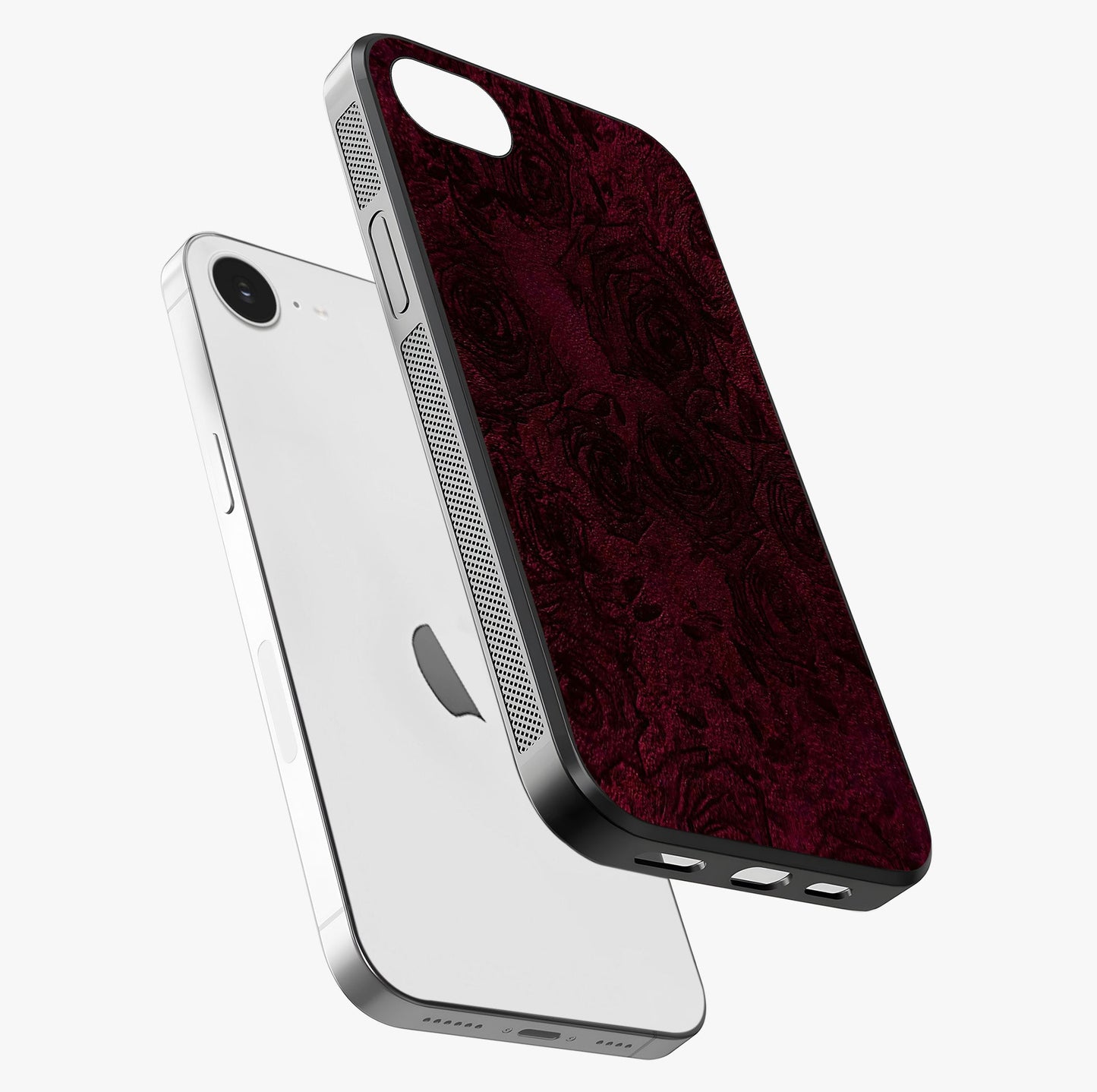 Crimson Fade Flow Glass Case laid diagonally highlighting side profile, edges and glossy glass shine.