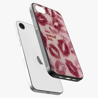 Crimson Kiss Love Glass Case laid diagonally highlighting side profile, edges and glossy glass shine.