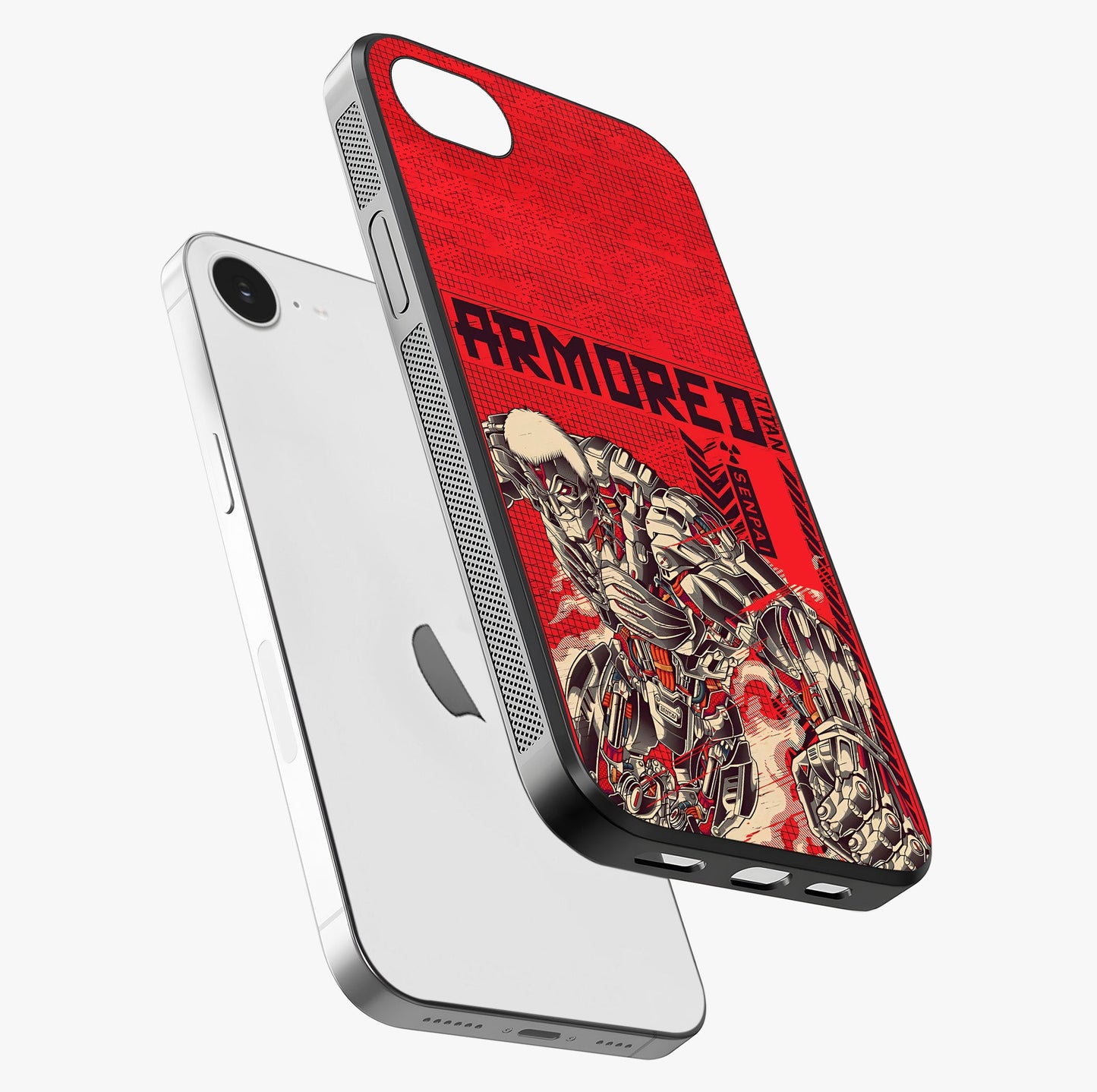 Crimson Mecha Titan Glass Case laid diagonally highlighting side profile, edges and glossy glass shine.