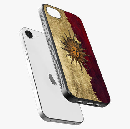 Crimson Sun Majesty Glass Case laid diagonally highlighting side profile, edges and glossy glass shine.
