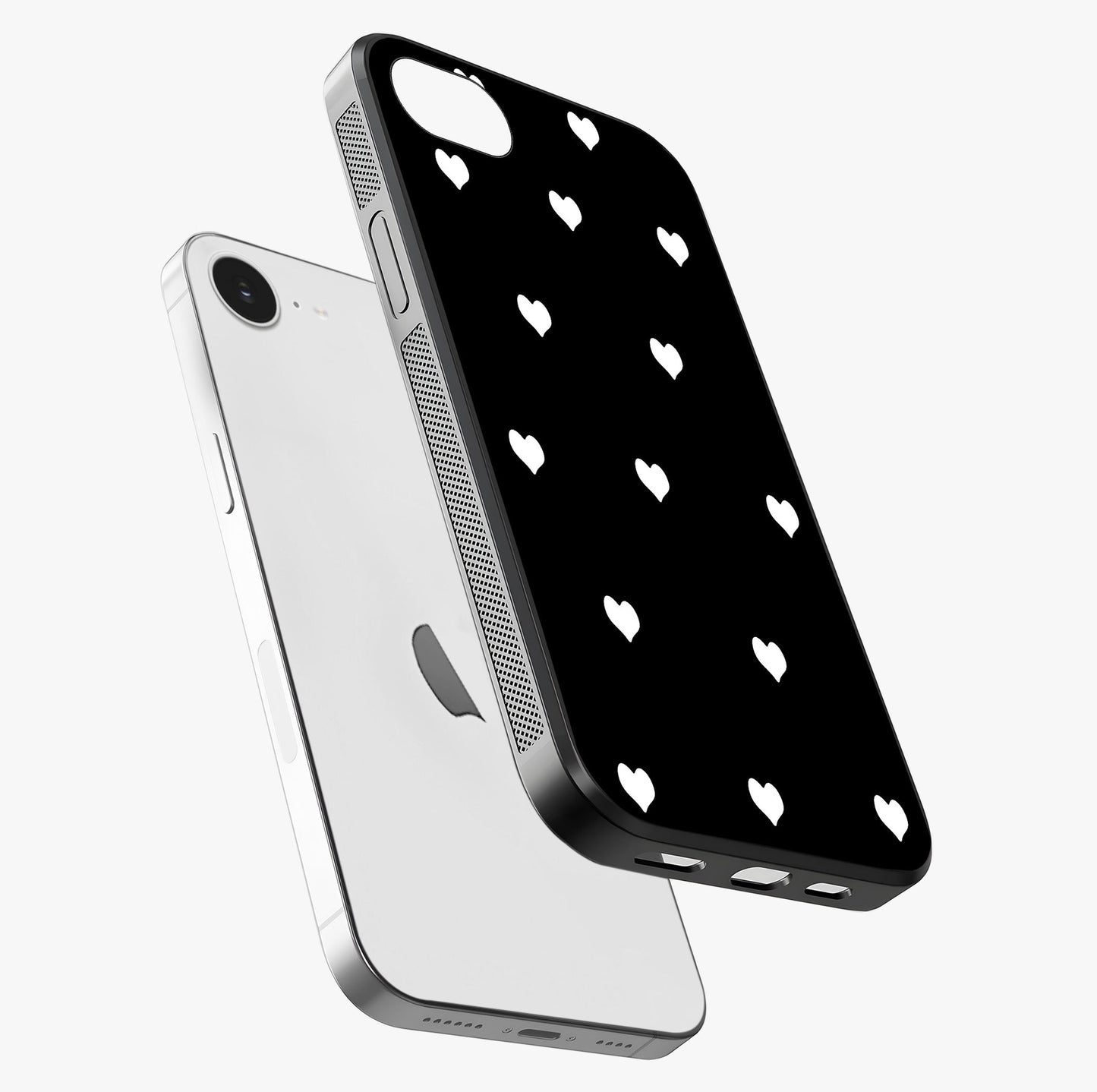 Cute And Simple White Hearts Glass Case laid diagonally highlighting side profile, edges and glossy glass shine.
