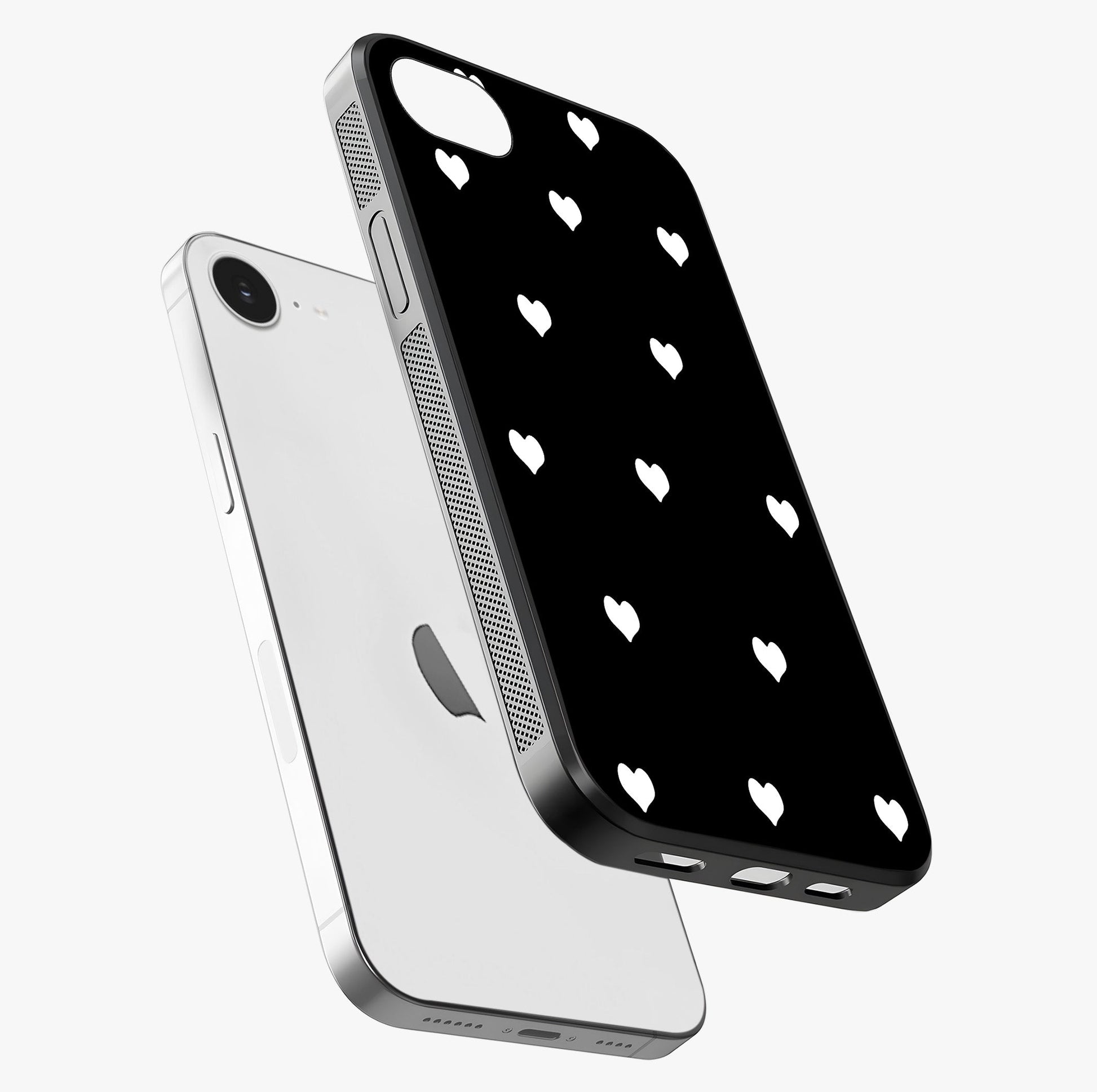 Cute And Simple White Hearts Glass Case laid diagonally highlighting side profile, edges and glossy glass shine.