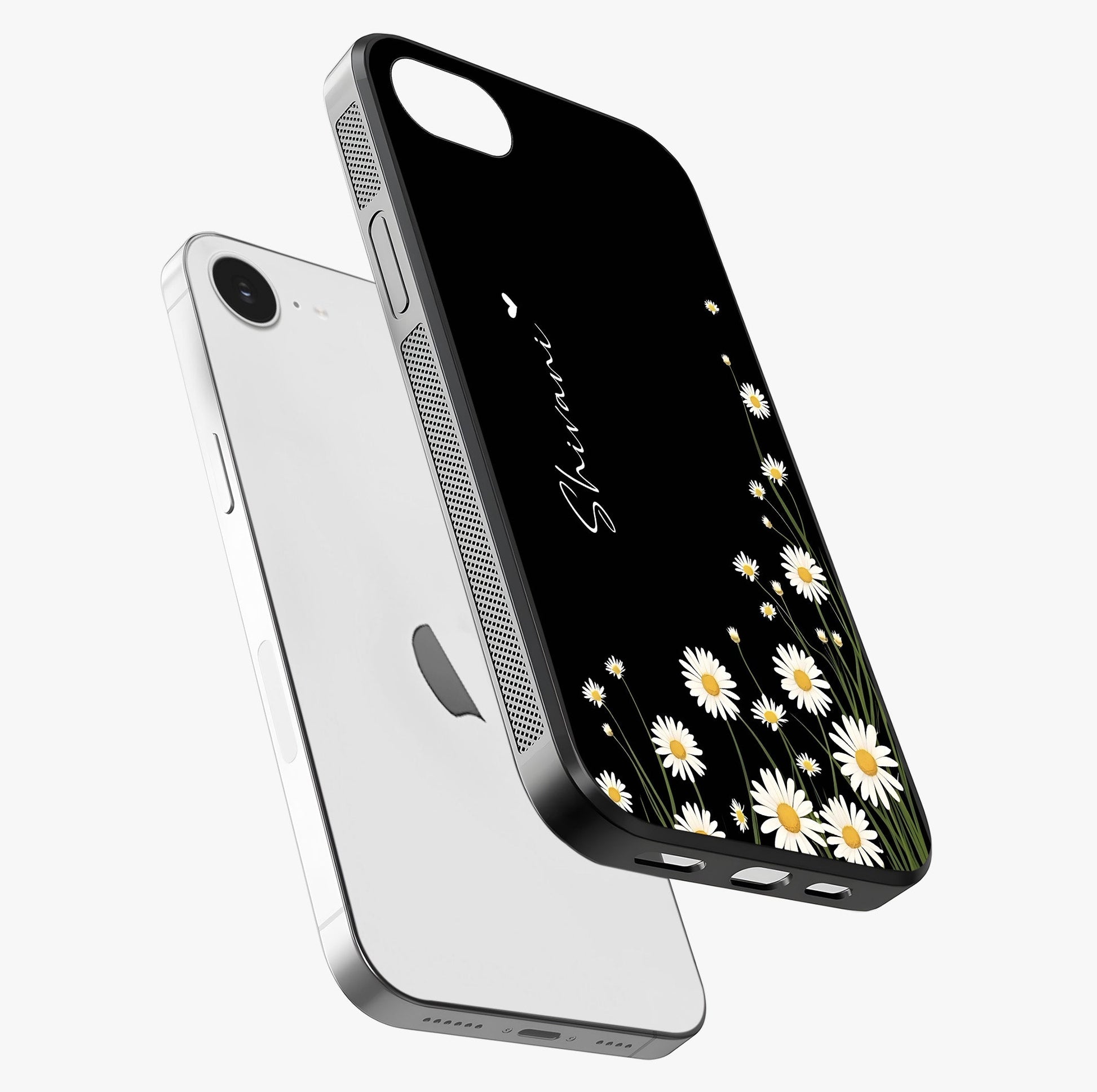 Daisy Cascade Custom Name Glass Case laid diagonally highlighting side profile, edges and glossy glass shine.