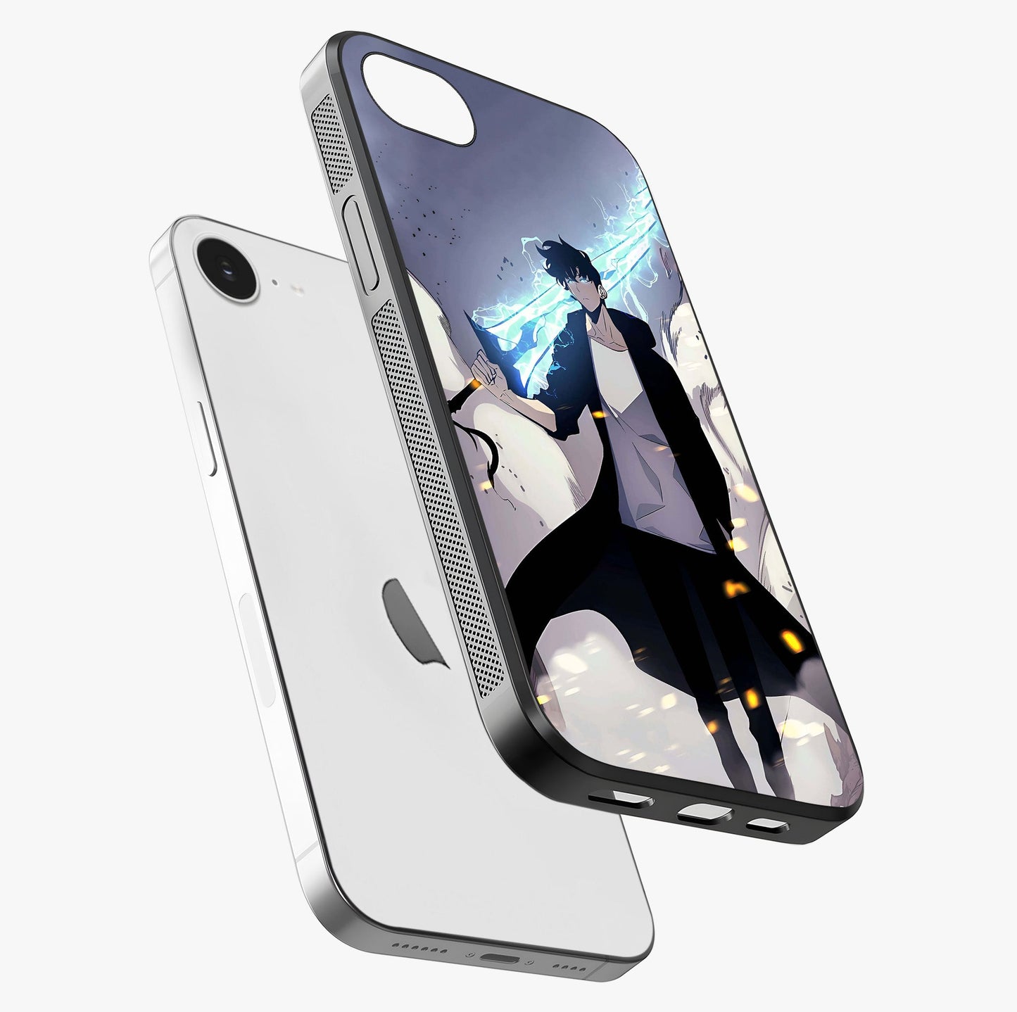 Dark Lightning Anime Warrior Glass Case laid diagonally highlighting side profile, edges and glossy glass shine.