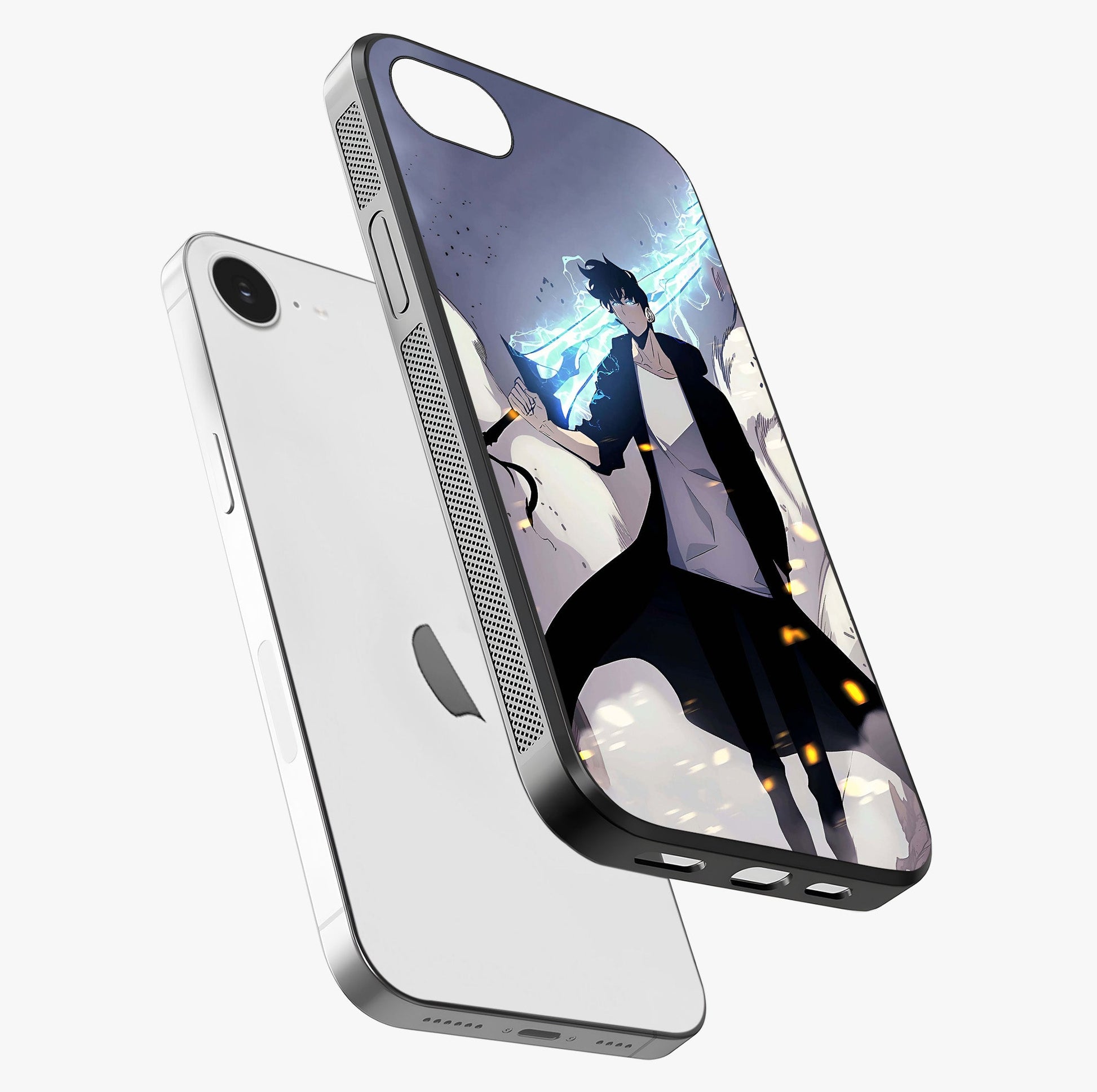 Dark Lightning Anime Warrior Glass Case laid diagonally highlighting side profile, edges and glossy glass shine.