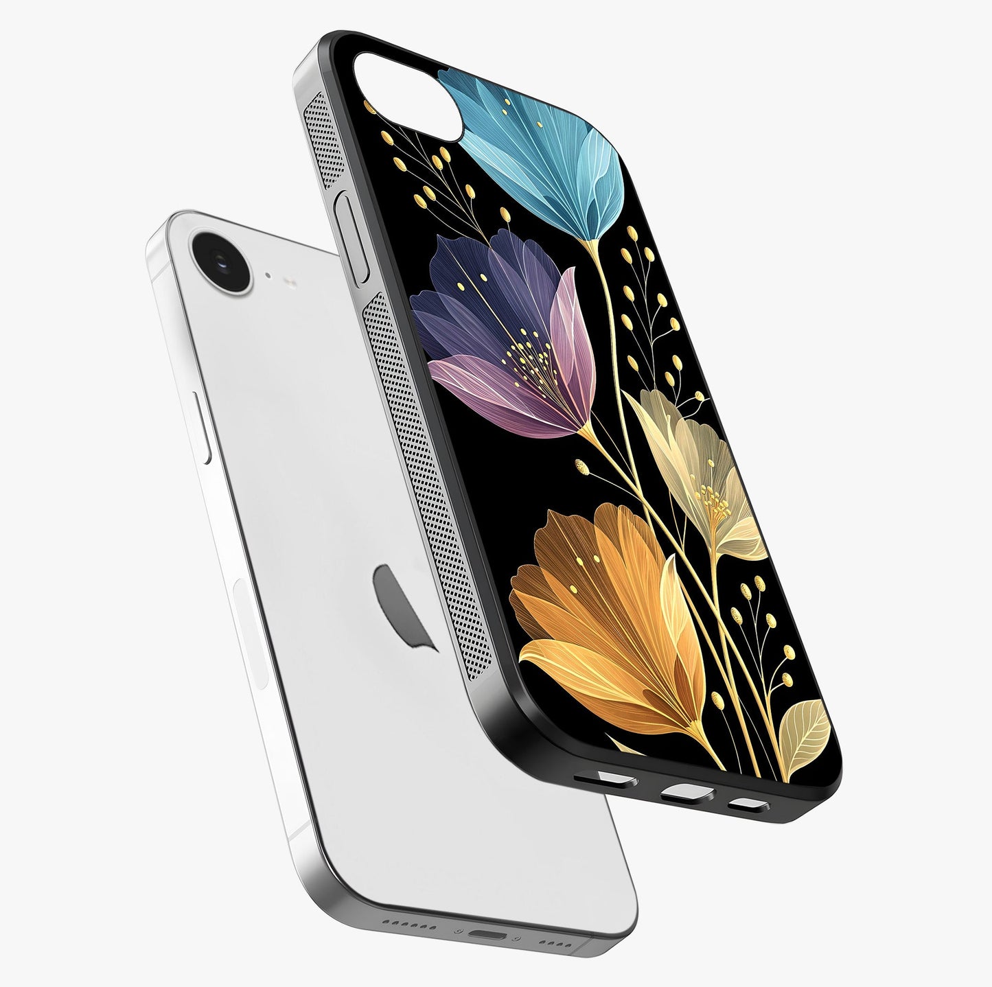 Delicate Multicolor Flowers Glass Case laid diagonally highlighting side profile, edges and glossy glass shine.