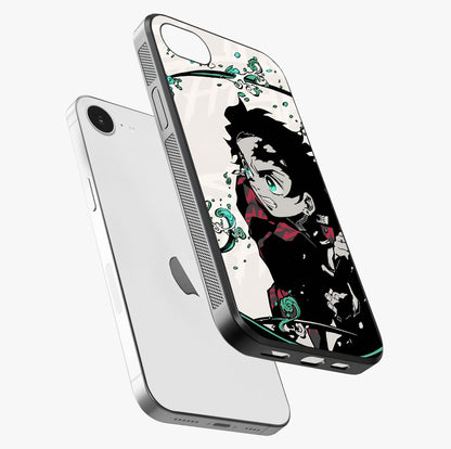 Demon Slayer Glass Case laid diagonally highlighting side profile, edges and glossy glass shine.