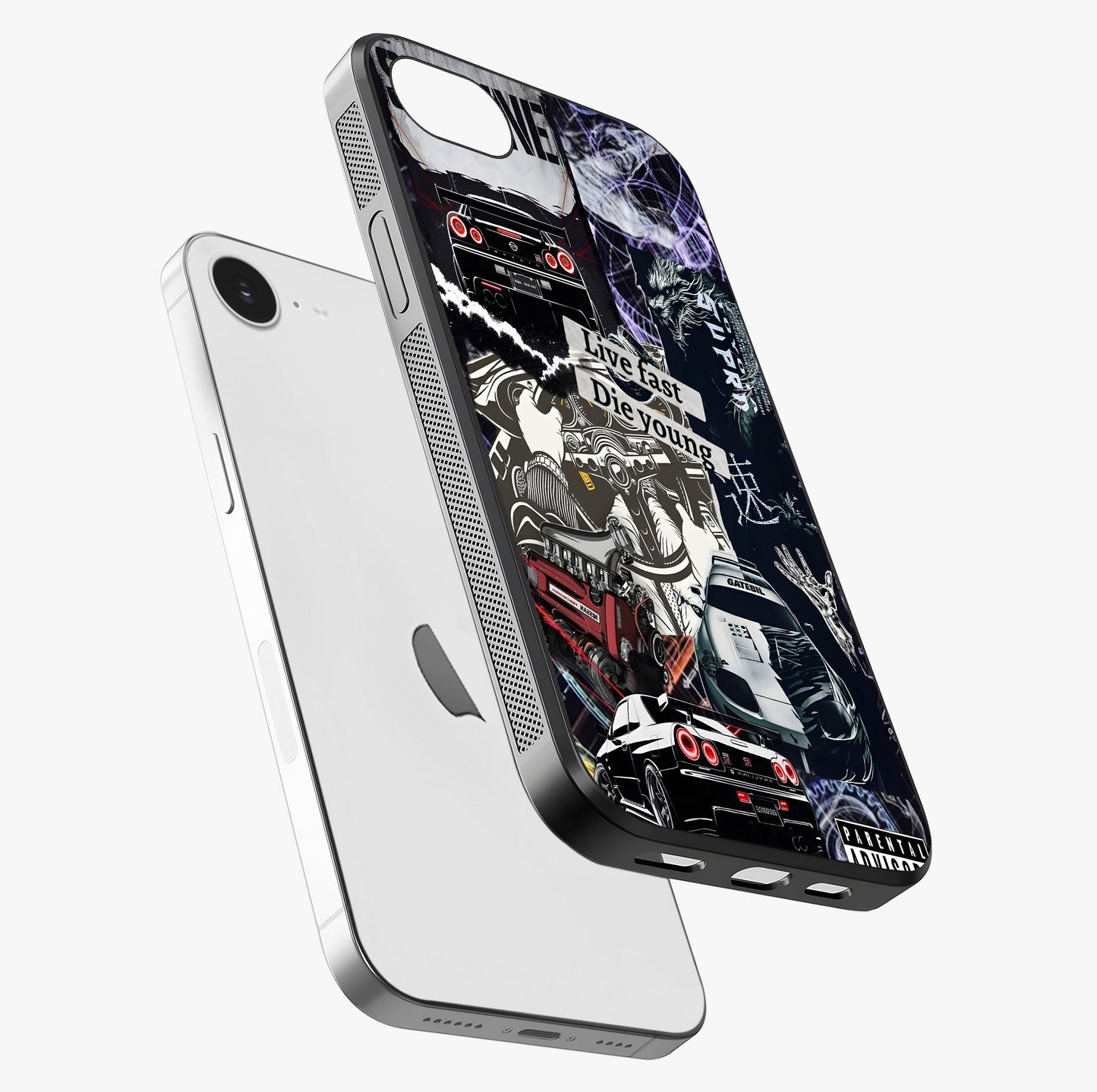 Die Young Glass Case laid diagonally highlighting side profile, edges and glossy glass shine.