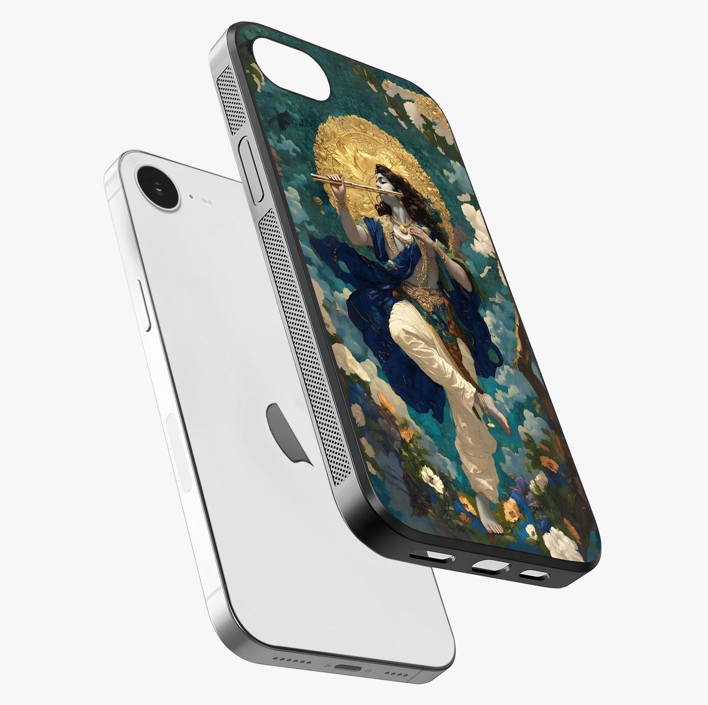Divine Krishna Art Glass Case laid diagonally highlighting side profile, edges and glossy glass shine.