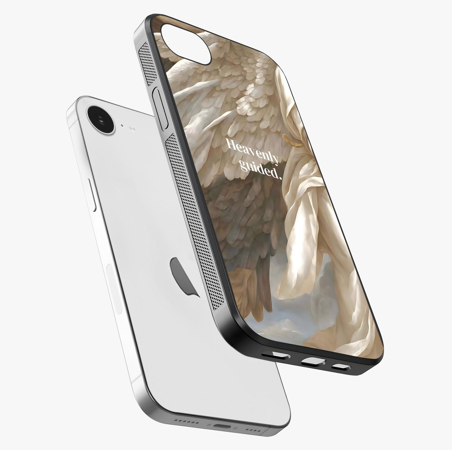 Divine Winged Grace Glass Case laid diagonally highlighting side profile, edges and glossy glass shine.