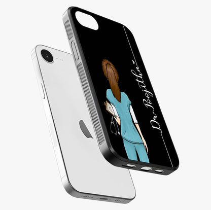 Doctor Pattern Custom Name Glass Case laid diagonally highlighting side profile, edges and glossy glass shine.
