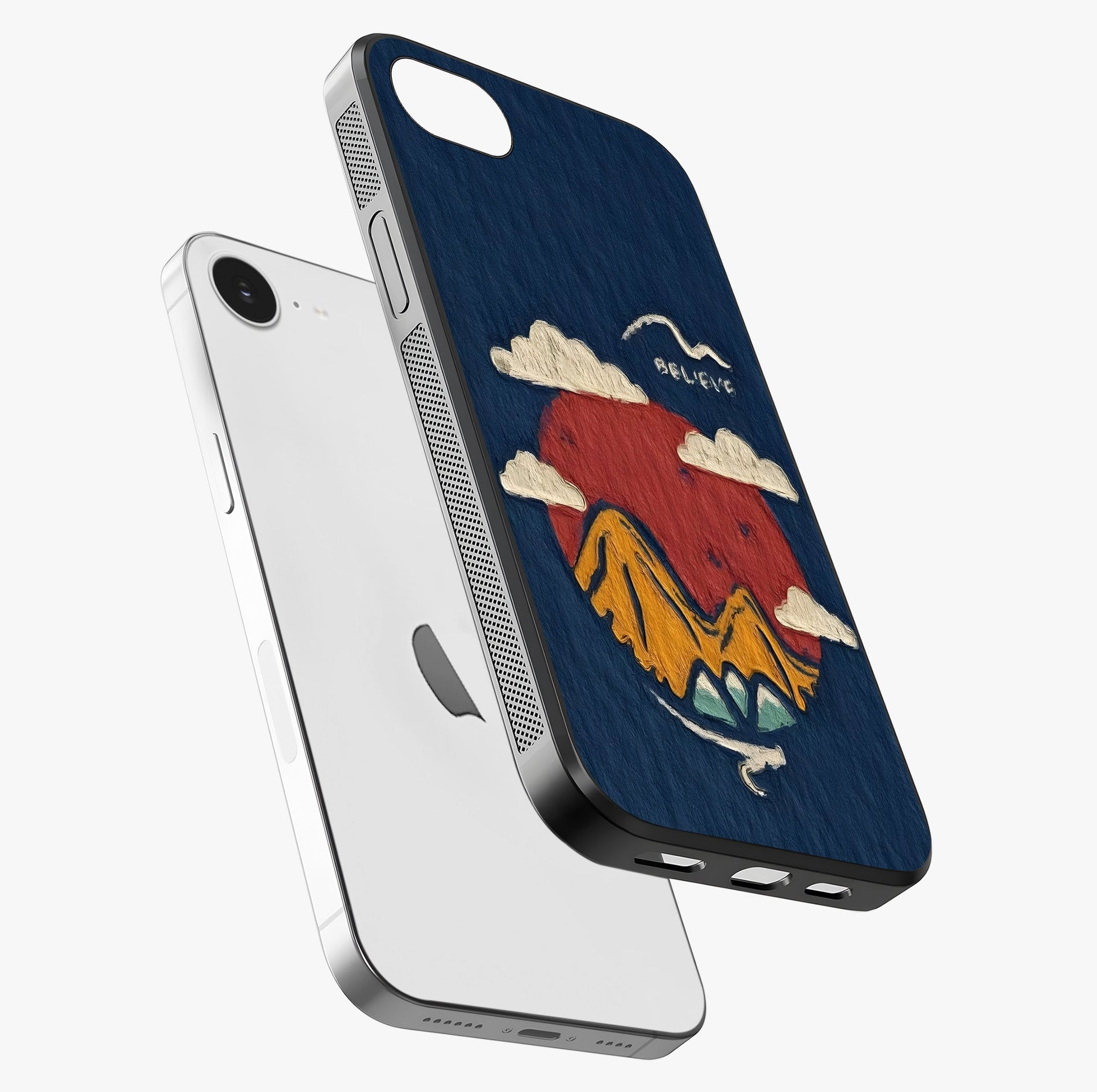 Dream Beyond Mountains Glass Case laid diagonally highlighting side profile, edges and glossy glass shine.