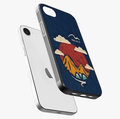 Dream Beyond Mountains Glass Case laid diagonally highlighting side profile, edges and glossy glass shine.