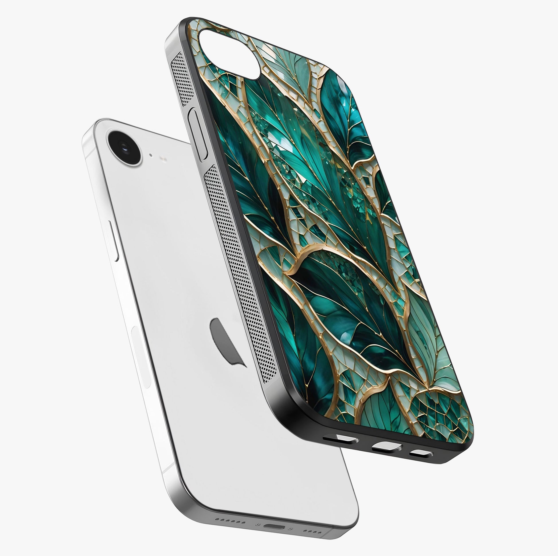 Emerald Leaf Glass Glass Case laid diagonally highlighting side profile, edges and glossy glass shine.