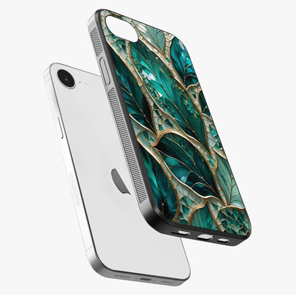 Emerald Leaf Glass Glass Case laid diagonally highlighting side profile, edges and glossy glass shine.