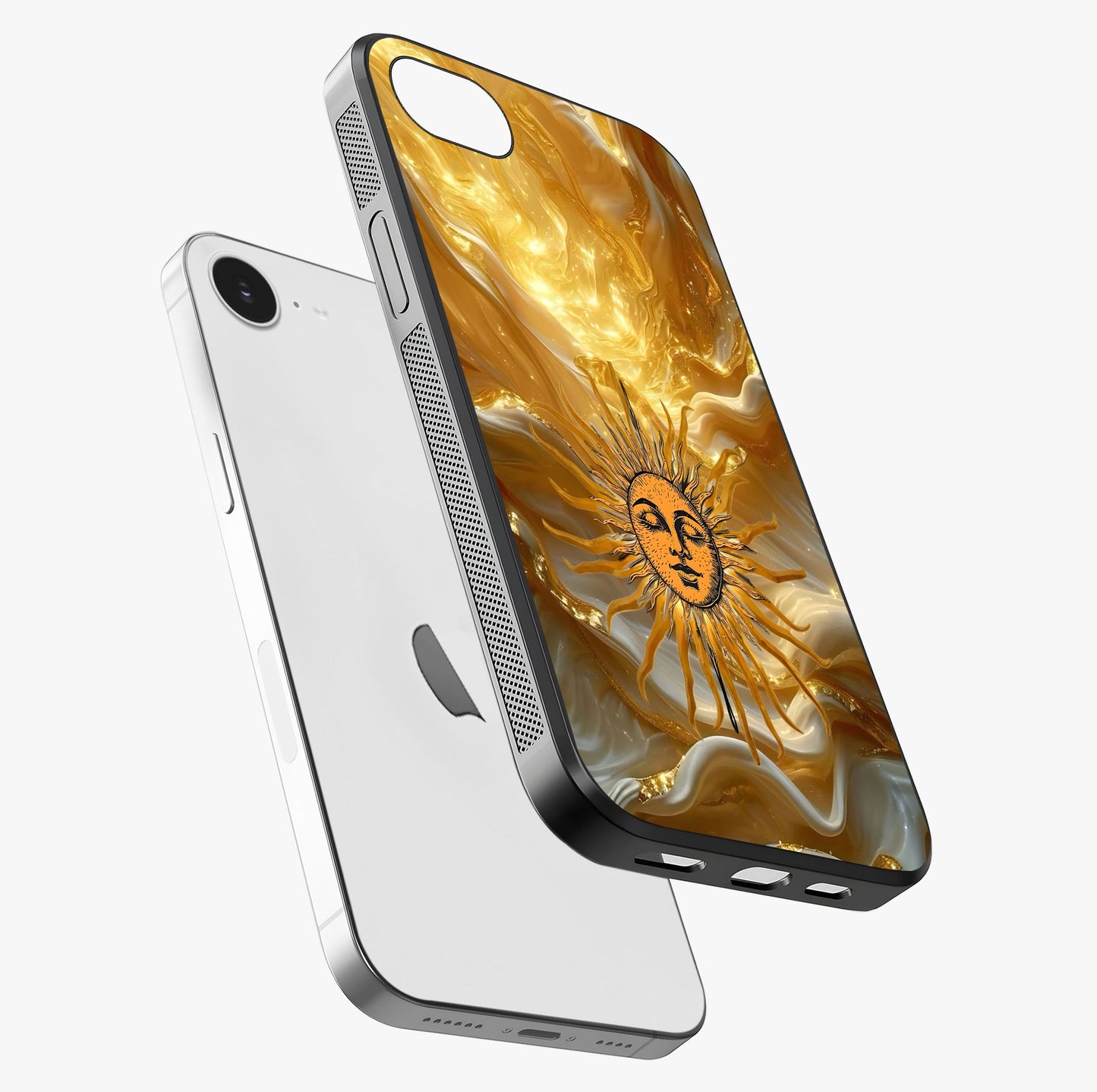 Eternal Golden Glow Glass Case laid diagonally highlighting side profile, edges and glossy glass shine.