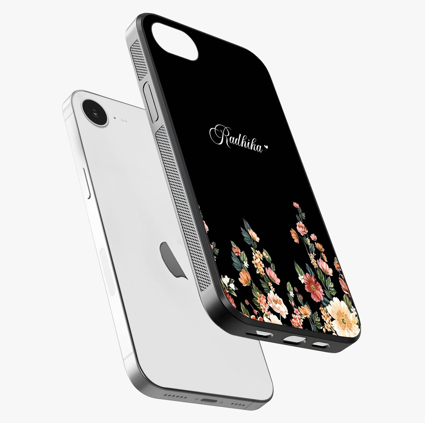Floral Design With A Custom Personalized Name Glass Case laid diagonally highlighting side profile, edges and glossy glass shine.