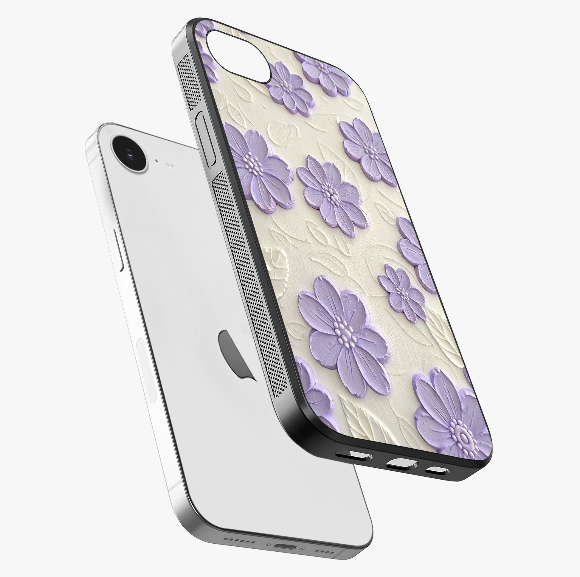 Floral Wall Art With Purple Flowers Glass Case laid diagonally highlighting side profile, edges and glossy glass shine.