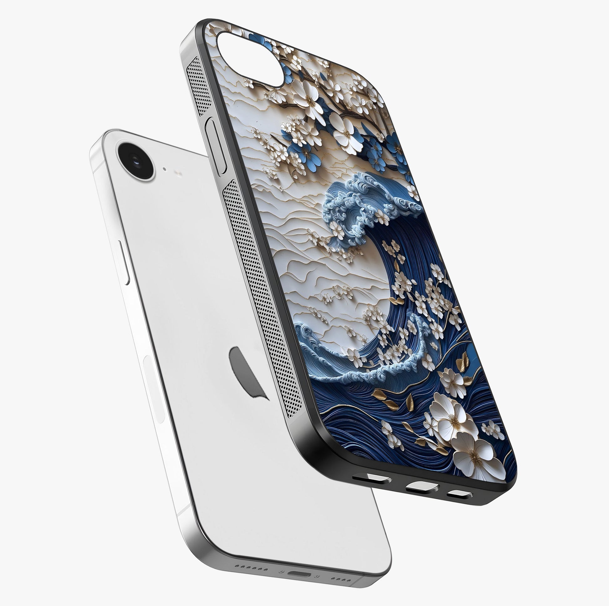 Floral Wave Origami Glass Case laid diagonally highlighting side profile, edges and glossy glass shine.