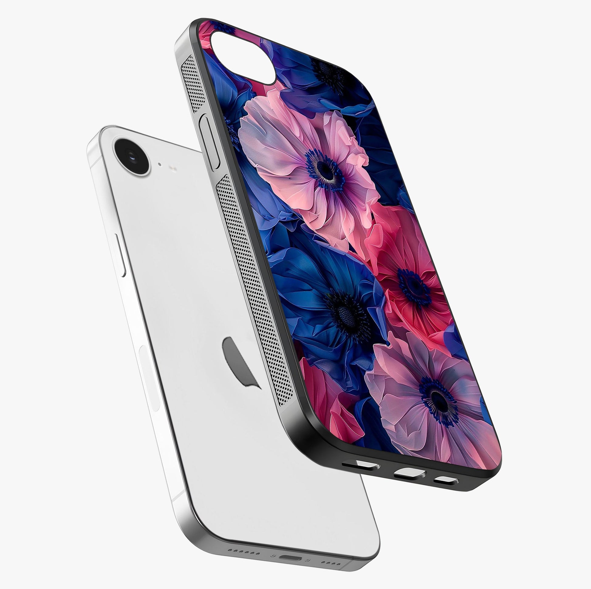 Flower Paper Art Pattern Glass Case laid diagonally highlighting side profile, edges and glossy glass shine.
