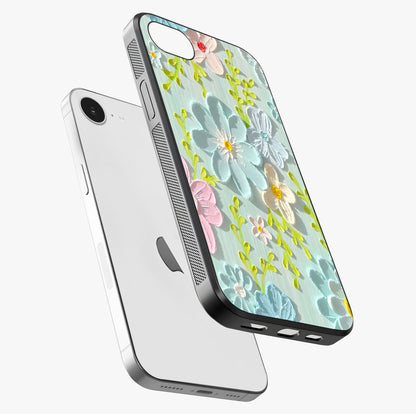 Frosted Petal Garden Glass Case laid diagonally highlighting side profile, edges and glossy glass shine.