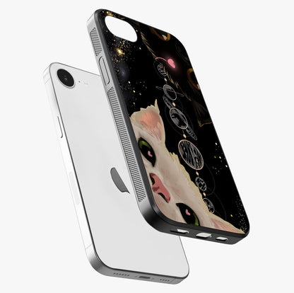 Galactic Cat Glass Case laid diagonally highlighting side profile, edges and glossy glass shine.