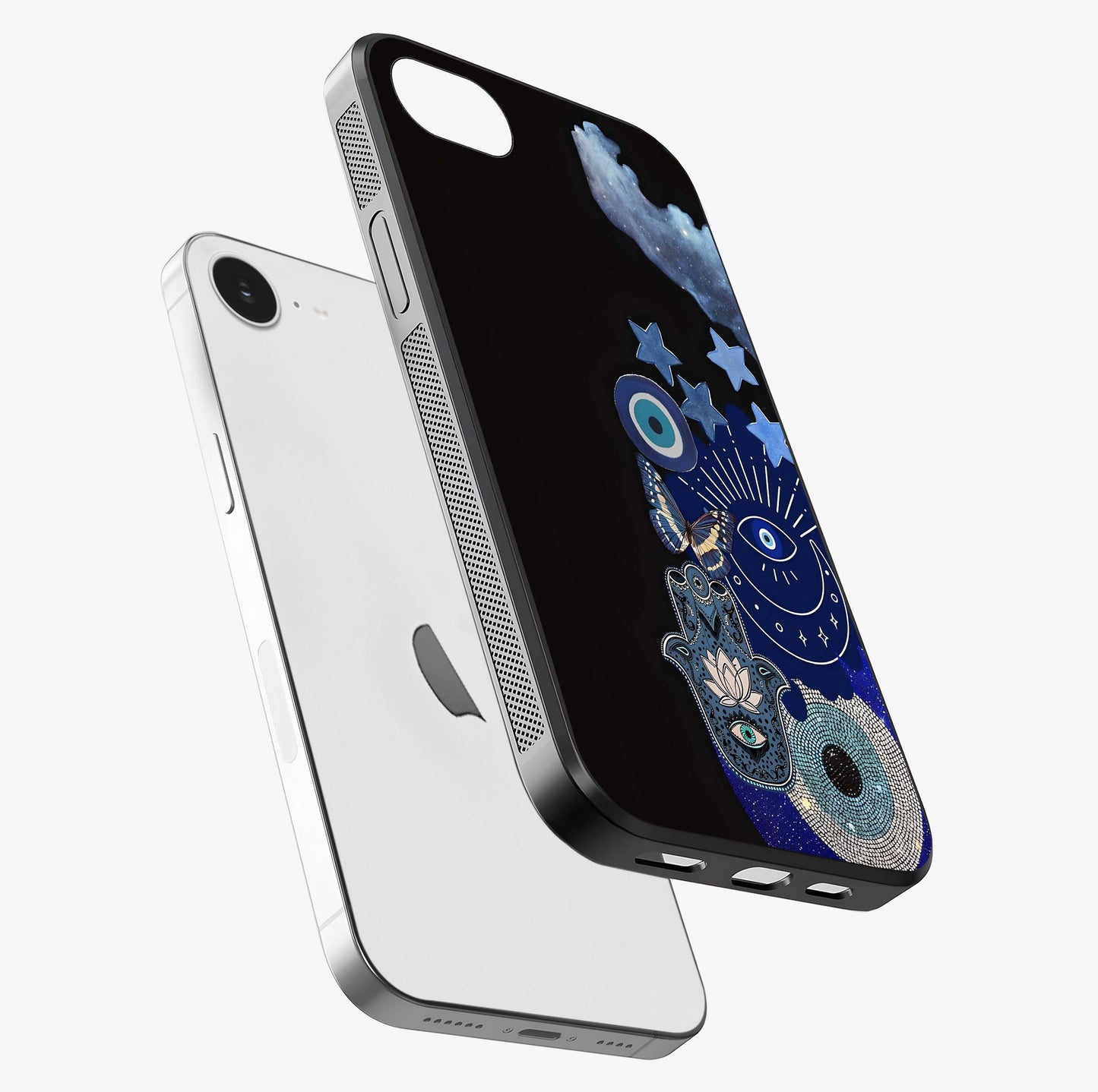 Galactic Charm Cluster Glass Case laid diagonally highlighting side profile, edges and glossy glass shine.