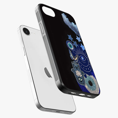 Galactic Charm Cluster Glass Case laid diagonally highlighting side profile, edges and glossy glass shine.
