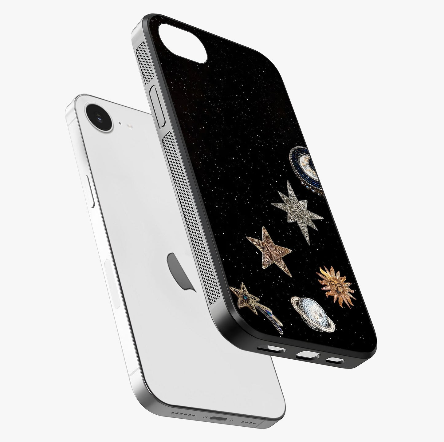 Galactic Charm Glow Glass Case laid diagonally highlighting side profile, edges and glossy glass shine.