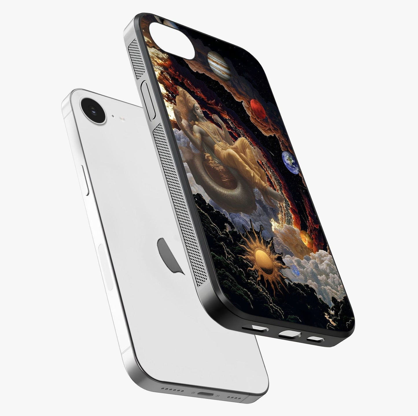 Galactic Divine God Glass Case laid diagonally highlighting side profile, edges and glossy glass shine.