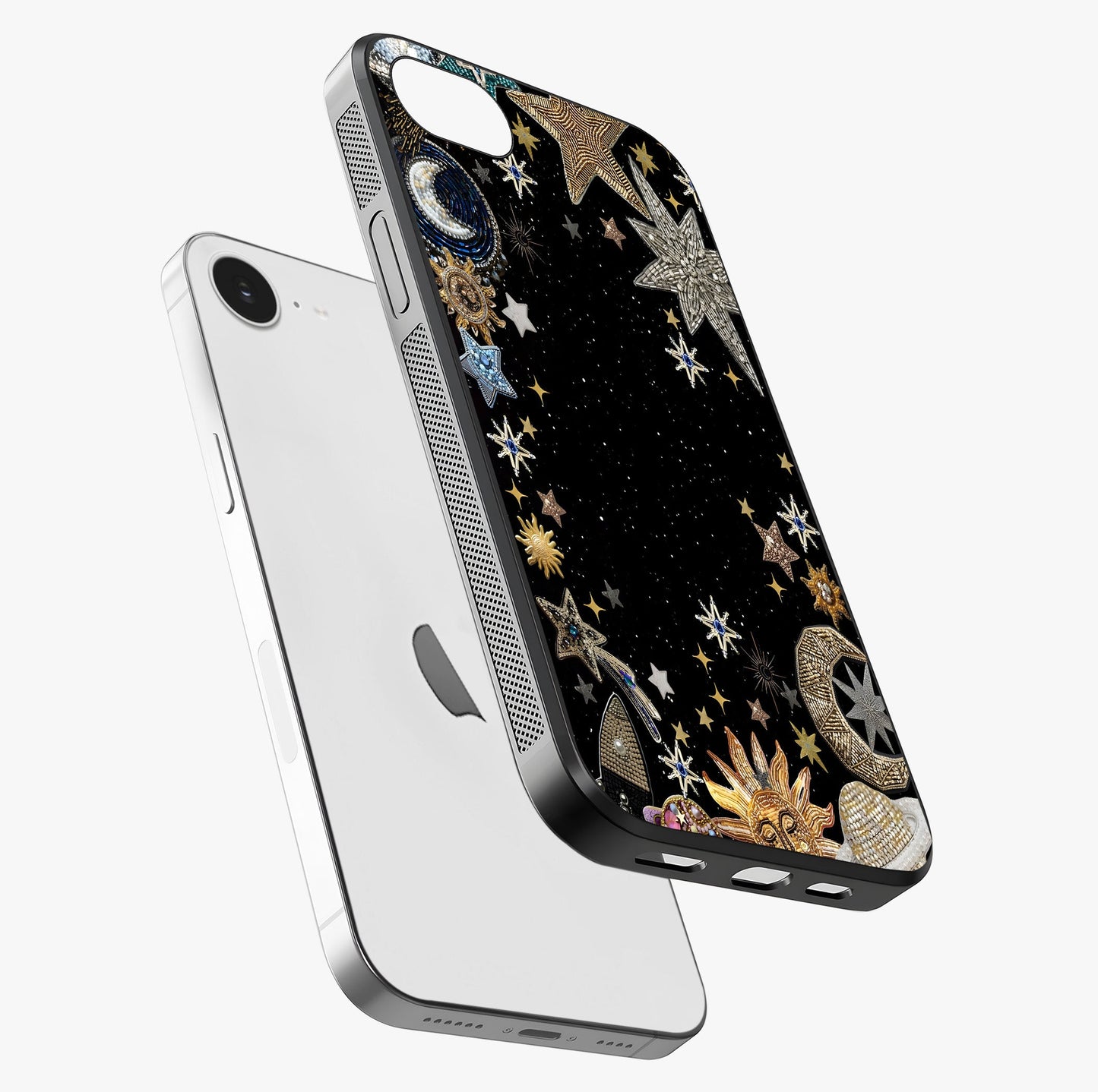 Galactic Jewel Stars Glass Case laid diagonally highlighting side profile, edges and glossy glass shine.