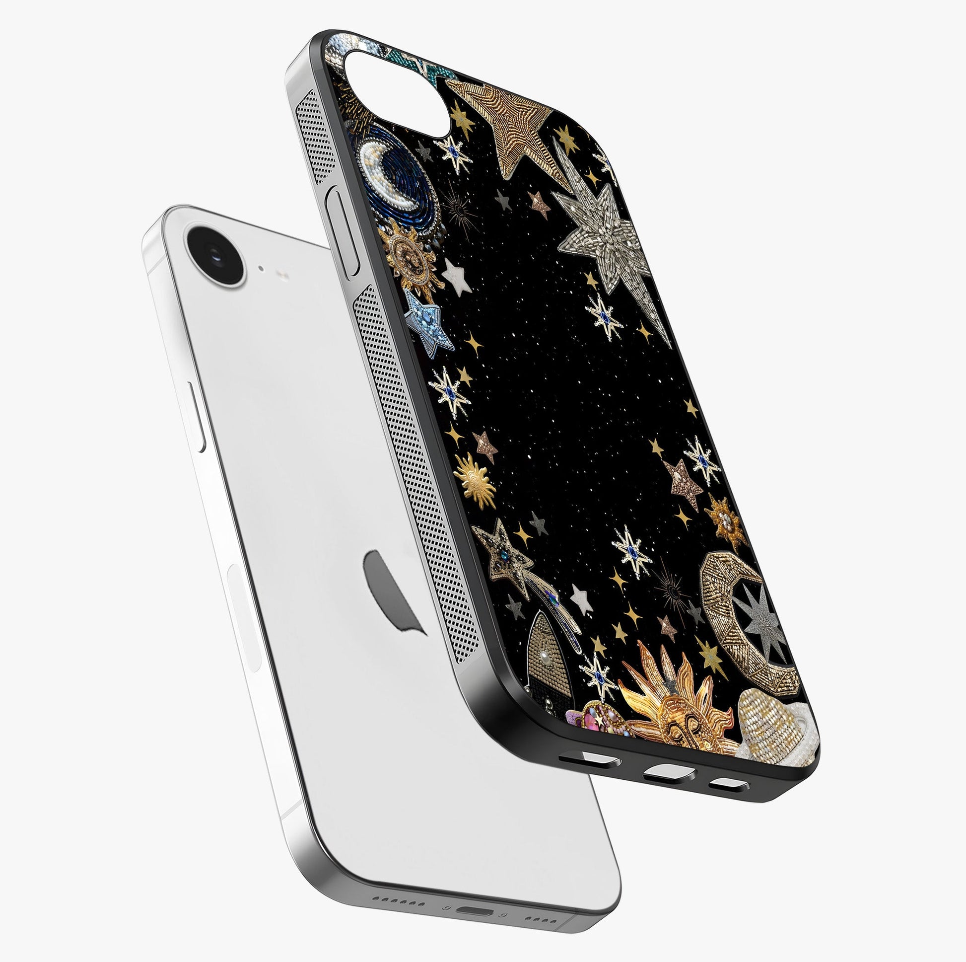 Galactic Jewel Stars Glass Case laid diagonally highlighting side profile, edges and glossy glass shine.