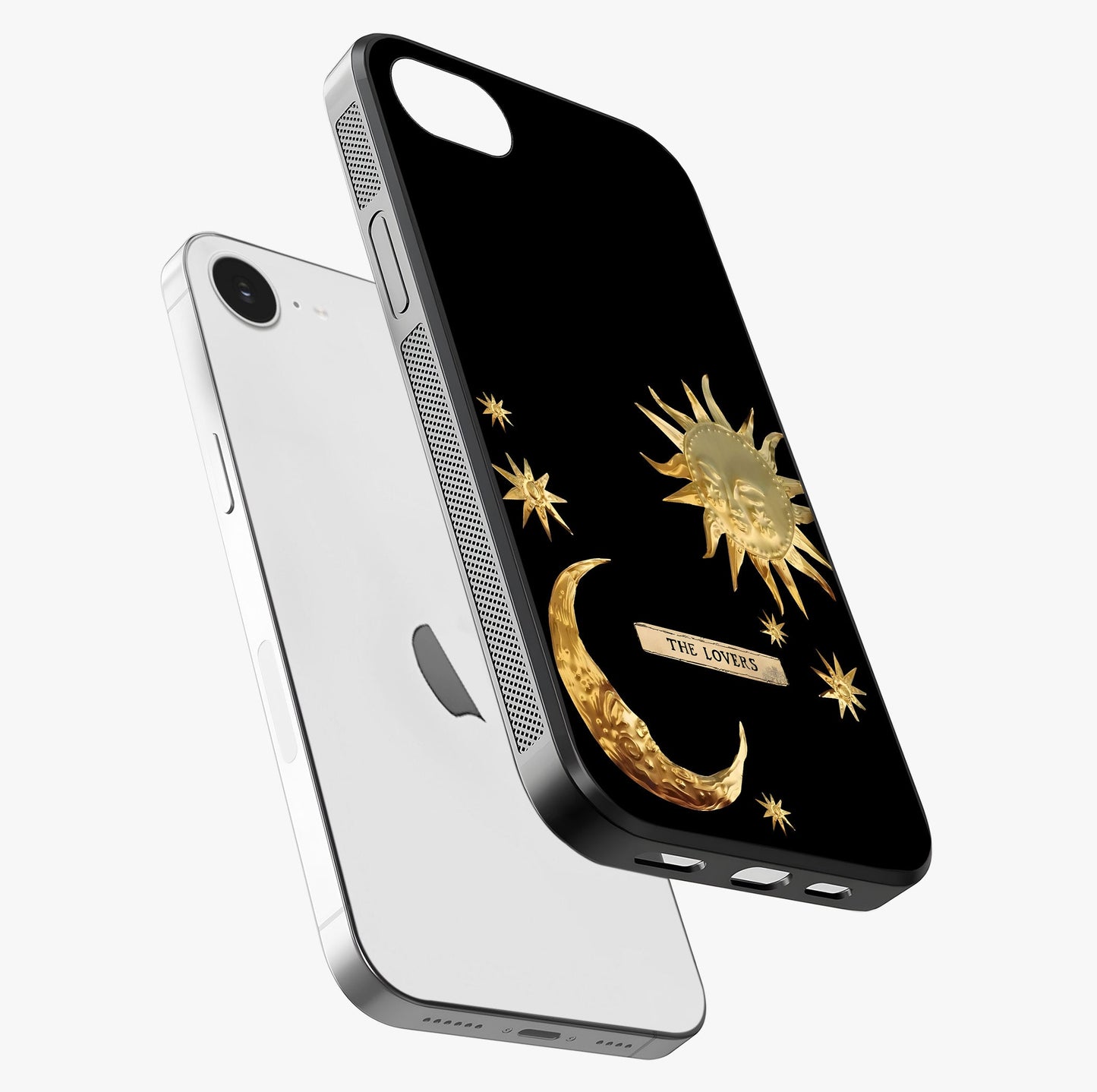 Golden Celestial Charm Glass Case laid diagonally highlighting side profile, edges and glossy glass shine.