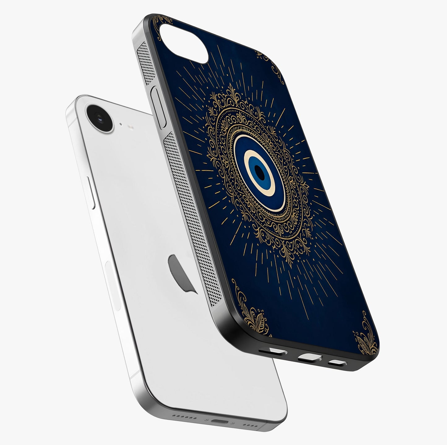 Golden Evil Eye Mandala Glass Case laid diagonally highlighting side profile, edges and glossy glass shine.