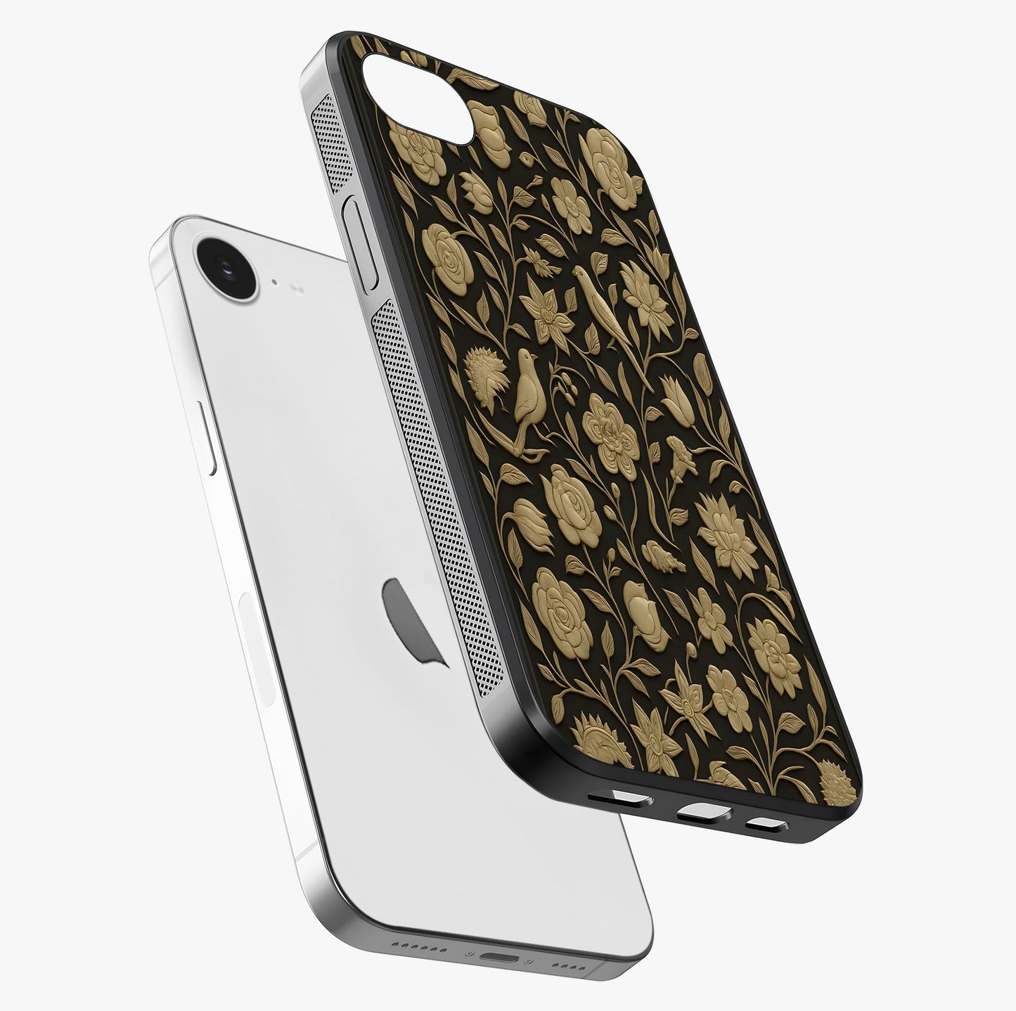 Golden Floral Majesty Glass Case laid diagonally highlighting side profile, edges and glossy glass shine.