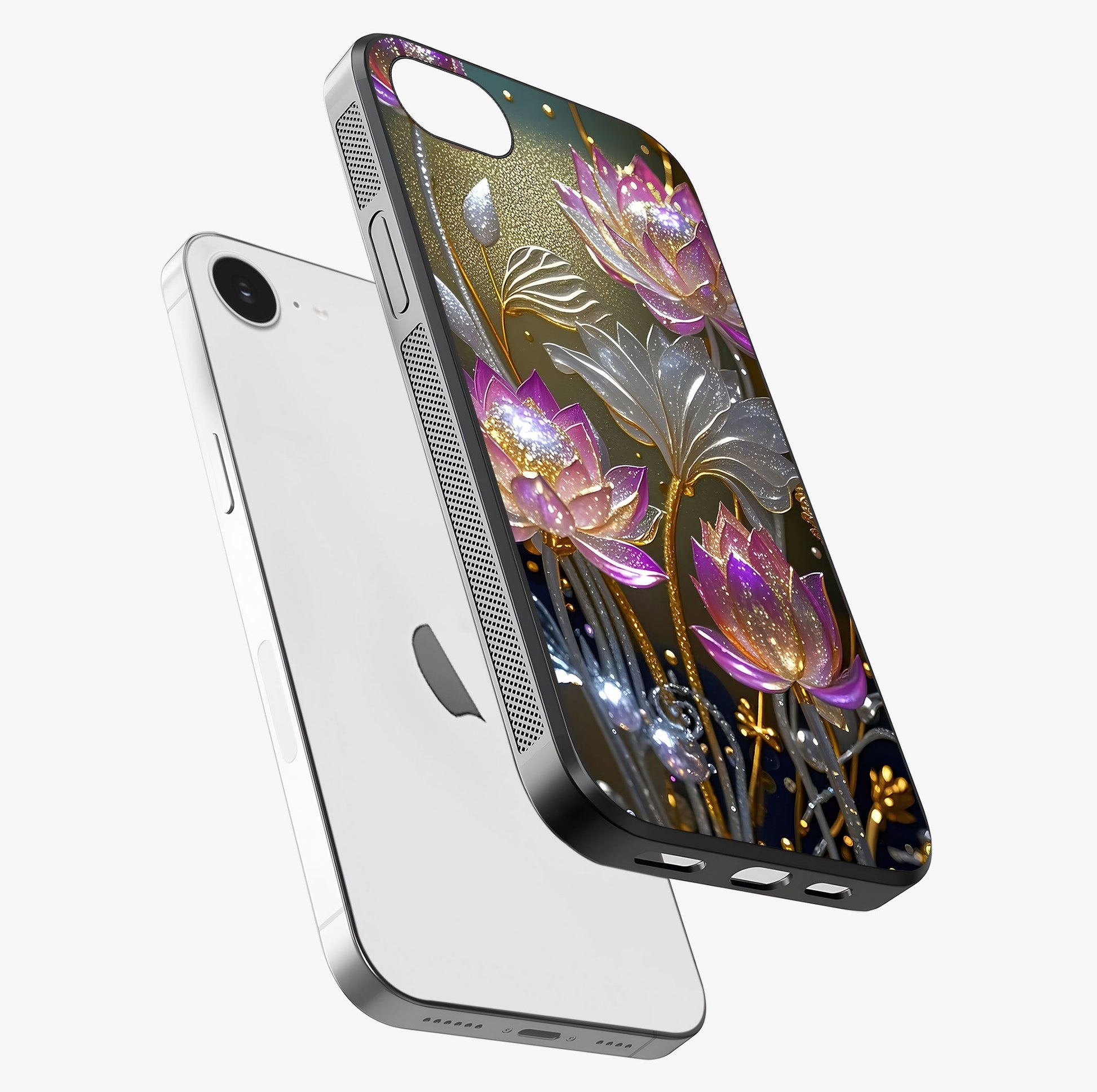 Golden Lotus Glow Glass Case laid diagonally highlighting side profile, edges and glossy glass shine.
