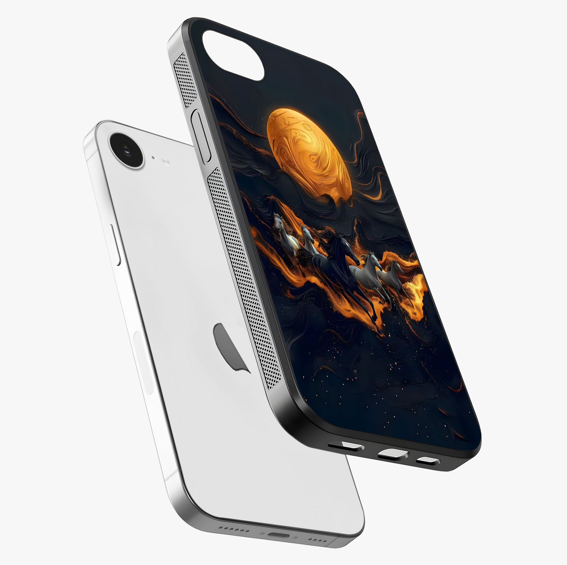 Golden Stallion Moonride Glass Case laid diagonally highlighting side profile, edges and glossy glass shine.