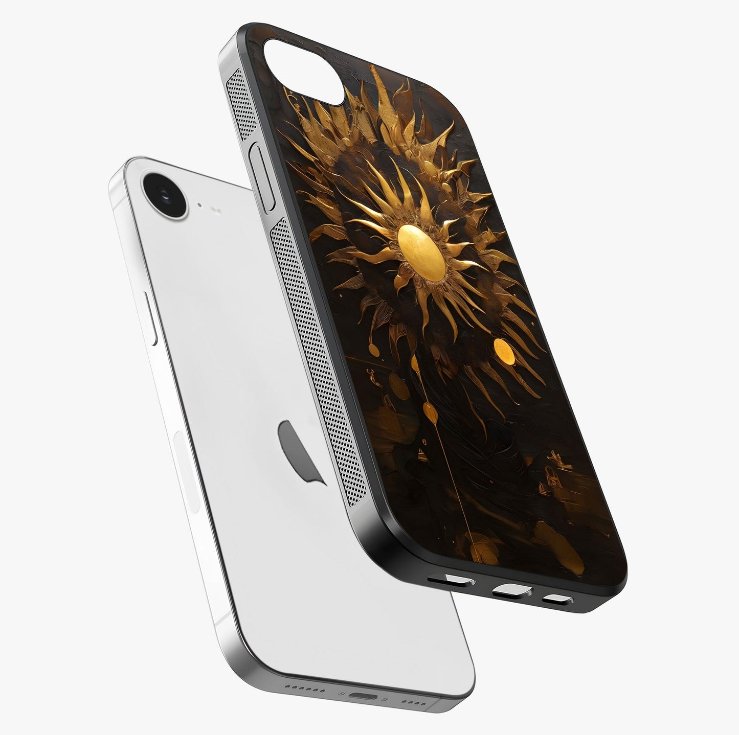 Golden Sun Majesty Glass Case laid diagonally highlighting side profile, edges and glossy glass shine.