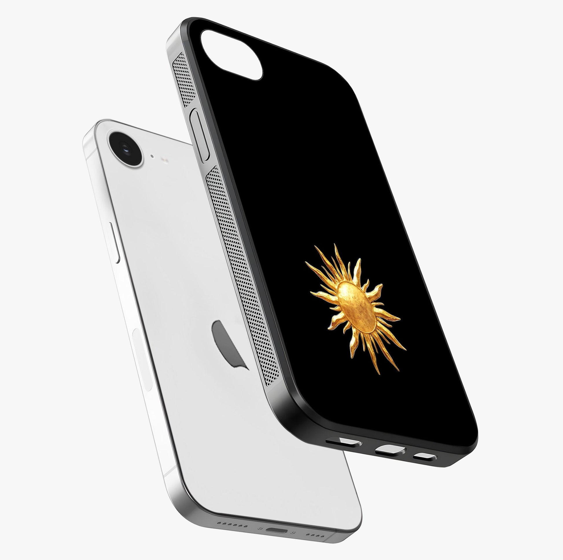 Golden Sun Minimalism Glass Case laid diagonally highlighting side profile, edges and glossy glass shine.