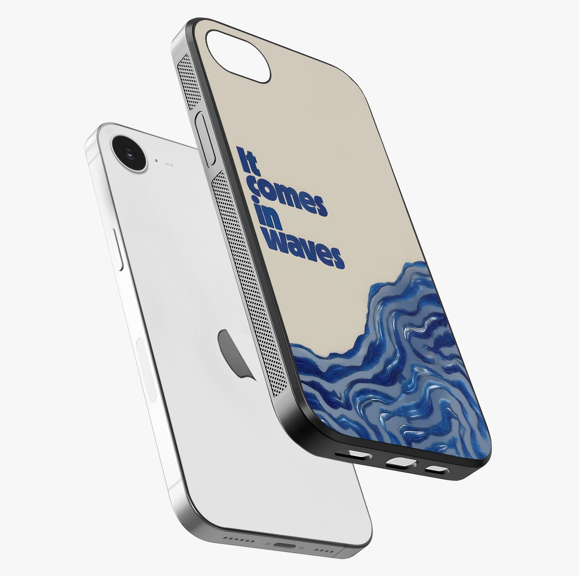 It Comes In Waves Quote Glass Case laid diagonally highlighting side profile, edges and glossy glass shine.
