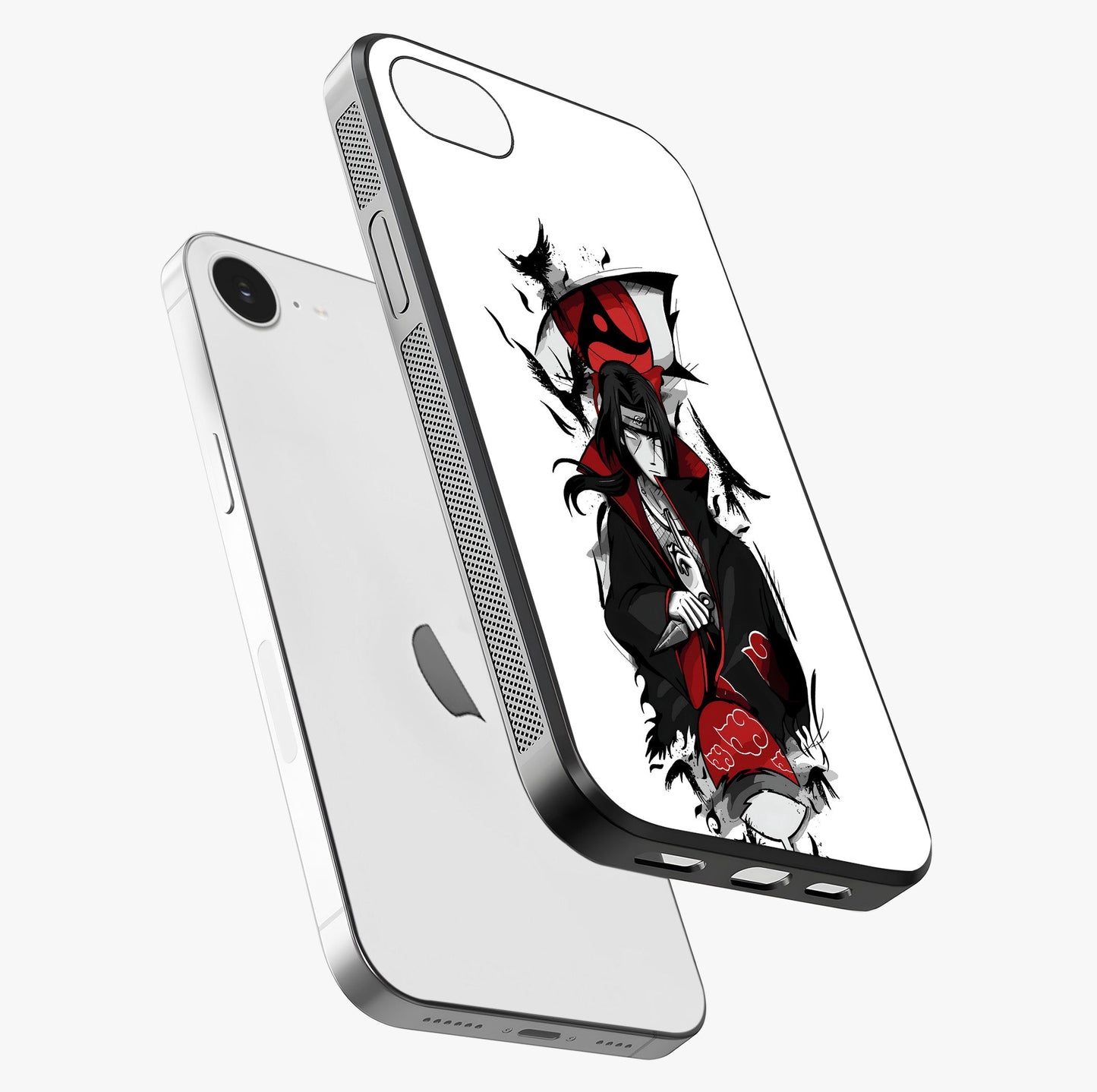 Itachi Sharingan Glass Case laid diagonally highlighting side profile, edges and glossy glass shine.