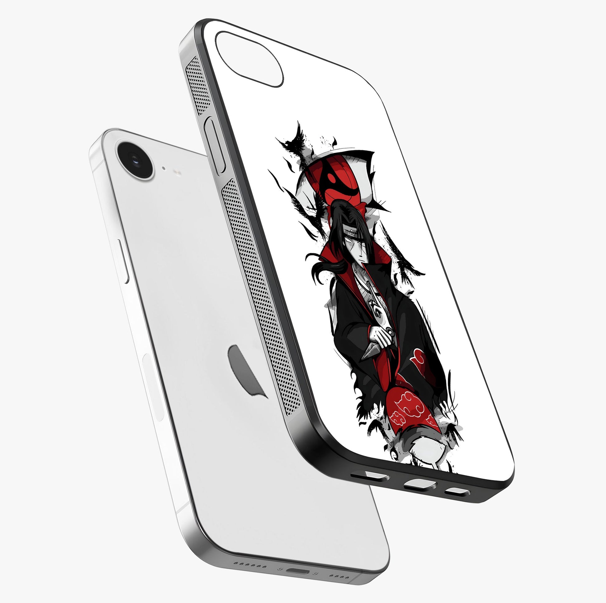 Itachi Sharingan Glass Case laid diagonally highlighting side profile, edges and glossy glass shine.