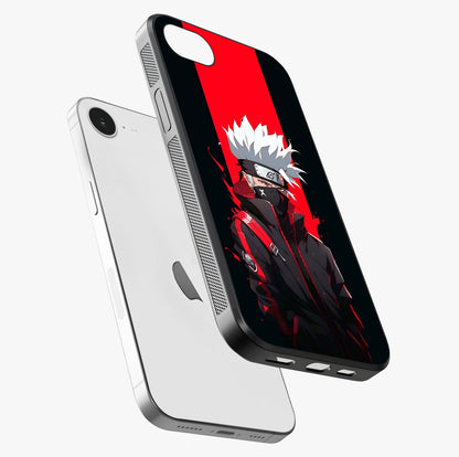 Kakashi Scarlet Shadow Glass Case laid diagonally highlighting side profile, edges and glossy glass shine.
