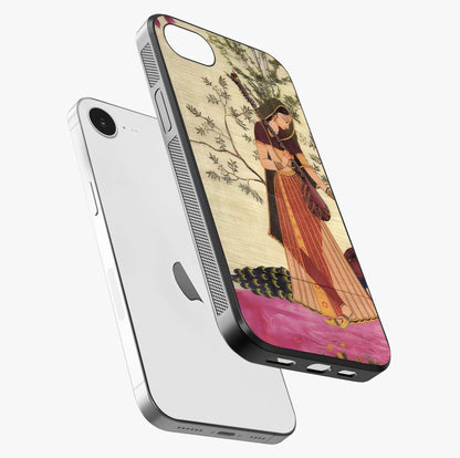 Lady With Veena Art Glass Case laid diagonally highlighting side profile, edges and glossy glass shine.