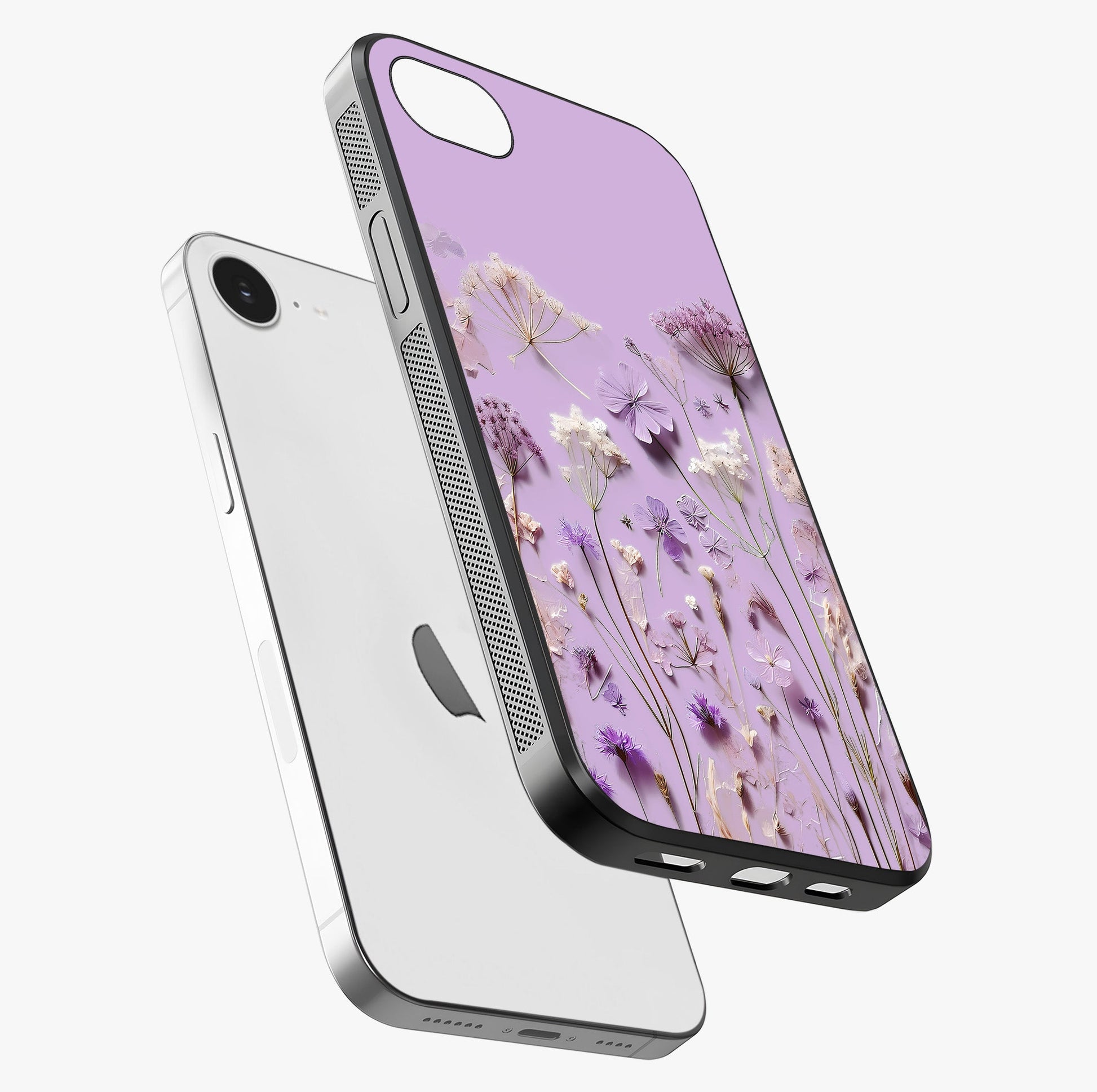 Lavender Blossom Dream Glass Case laid diagonally highlighting side profile, edges and glossy glass shine.