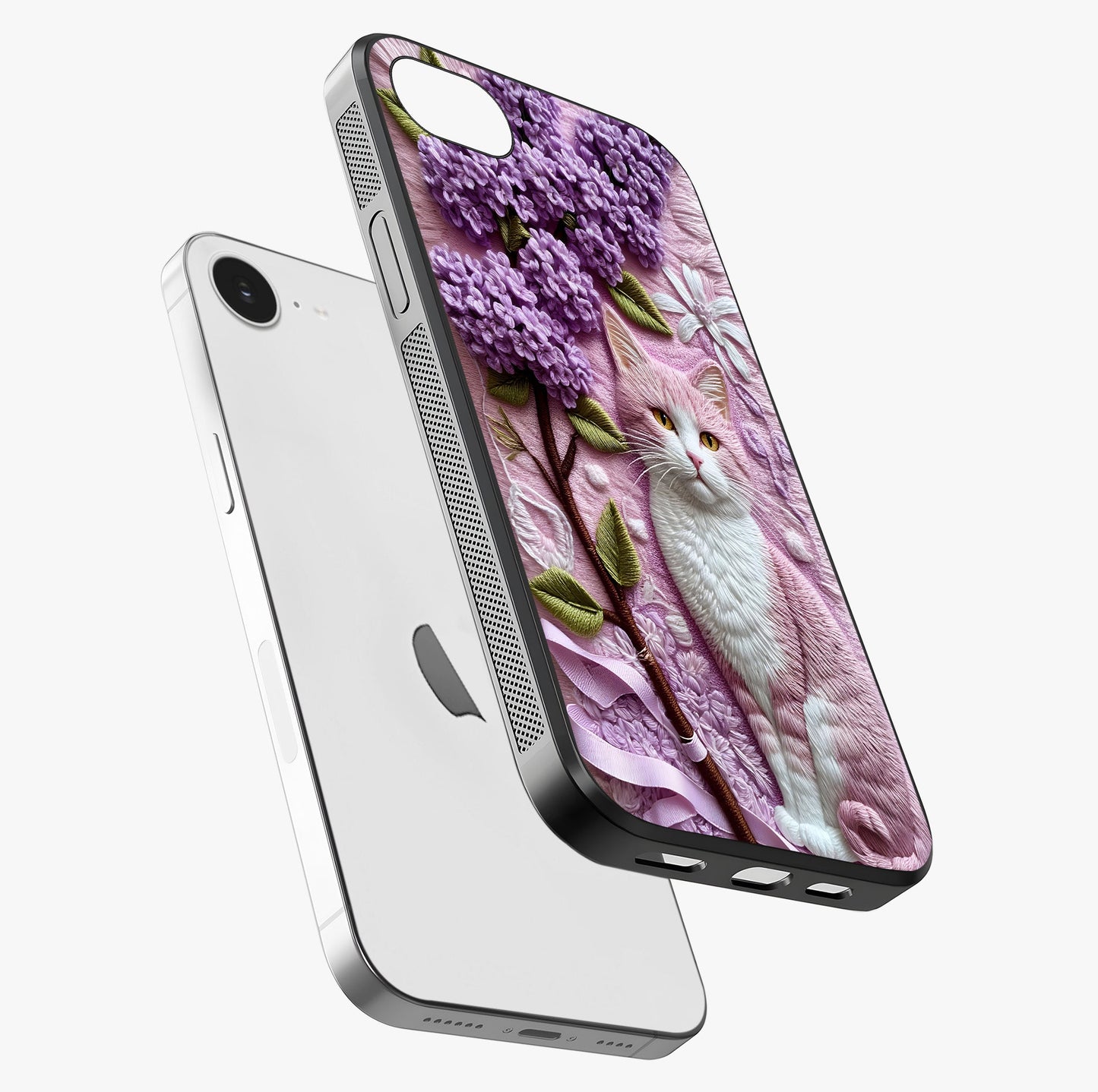 Lavender Cat Whimsy Glass Case laid diagonally highlighting side profile, edges and glossy glass shine.