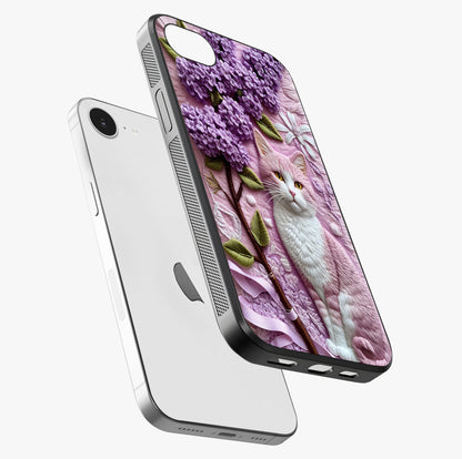 Lavender Cat Whimsy Glass Case laid diagonally highlighting side profile, edges and glossy glass shine.